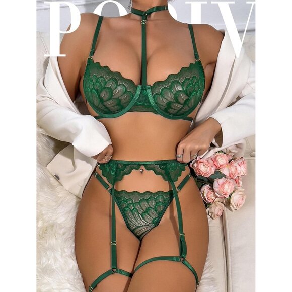 Women's Green Sexy Lingerie Set Push Up Lace Garter Belt Bra And Panty Set - Picture 5 of 6